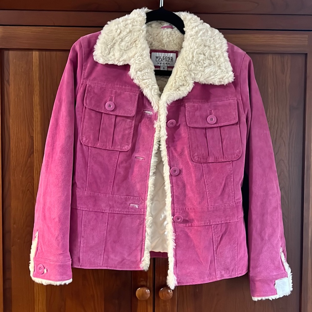 Pink Leather Jacket with Faux Fur Collar